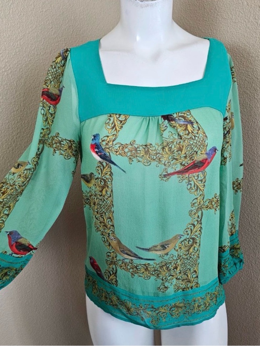 Anthropologie Vanessa Virginia robin bird green blouse